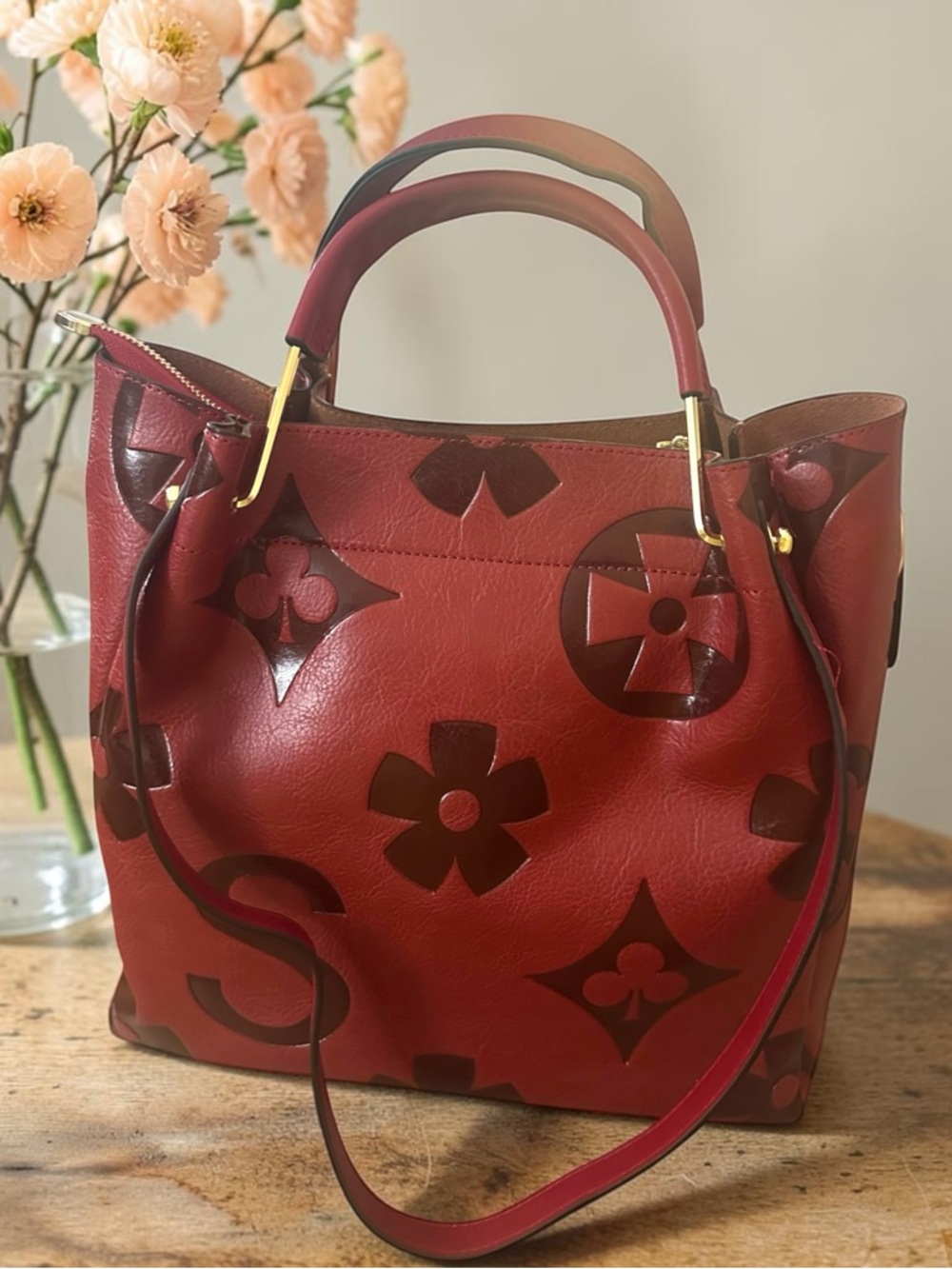 Fashion 2 Piece Set -  Burgundy Leather Satchel  & Smaller Crossbody - Lsptop